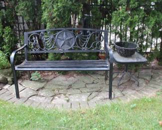 Metal Bench, Patio Side Table and Basket