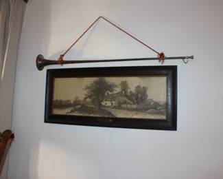Framed Country Scene and Brass Horn