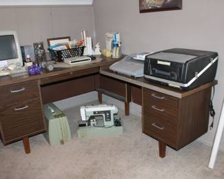 Desk, Vintage Apple Computer, Projector, Kenmore Sewing Machine