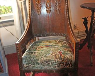 Fox Hunt Upholstered Oak Vintage Rocker