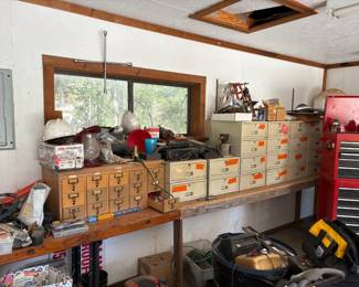 Library catalogue box, assorted tools, and hardware