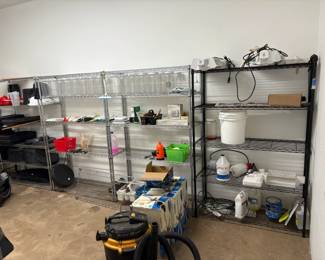 8 sets of wire shelving, shop vac, green house supplies