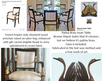 Collectors Furnishings French Empire Chairs Patina Brass Swan Table