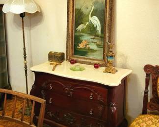 Antique Marble Top Chest of Drawers & Antique Original Oil Painting of Cranes