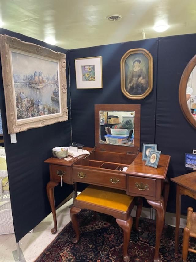 Mahogany vanity, art, antique photos