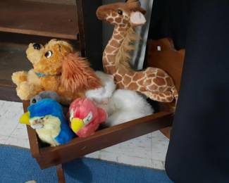 Wood doll cradle, Disney and other  plush