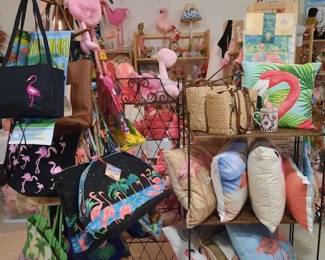 Flamingo pillows and tote bags