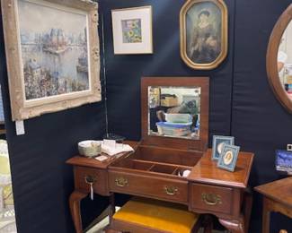 Mahogany vanity, art, antique photos