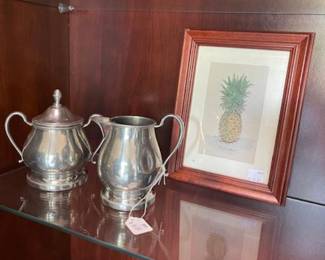 Pewter creamer and sugar, Williamsburg pineapple