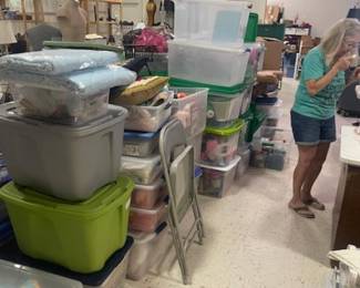 Lots of totes to still unpack....totes will be for sale once emptied, $4 for regular, $6 for large size and $8 for extra large.  Many available!