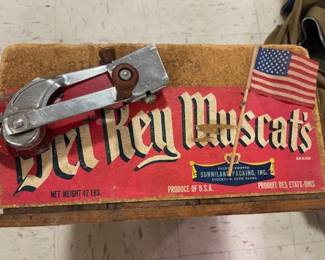Neat fruit crate, vintage Dazey wall can opener