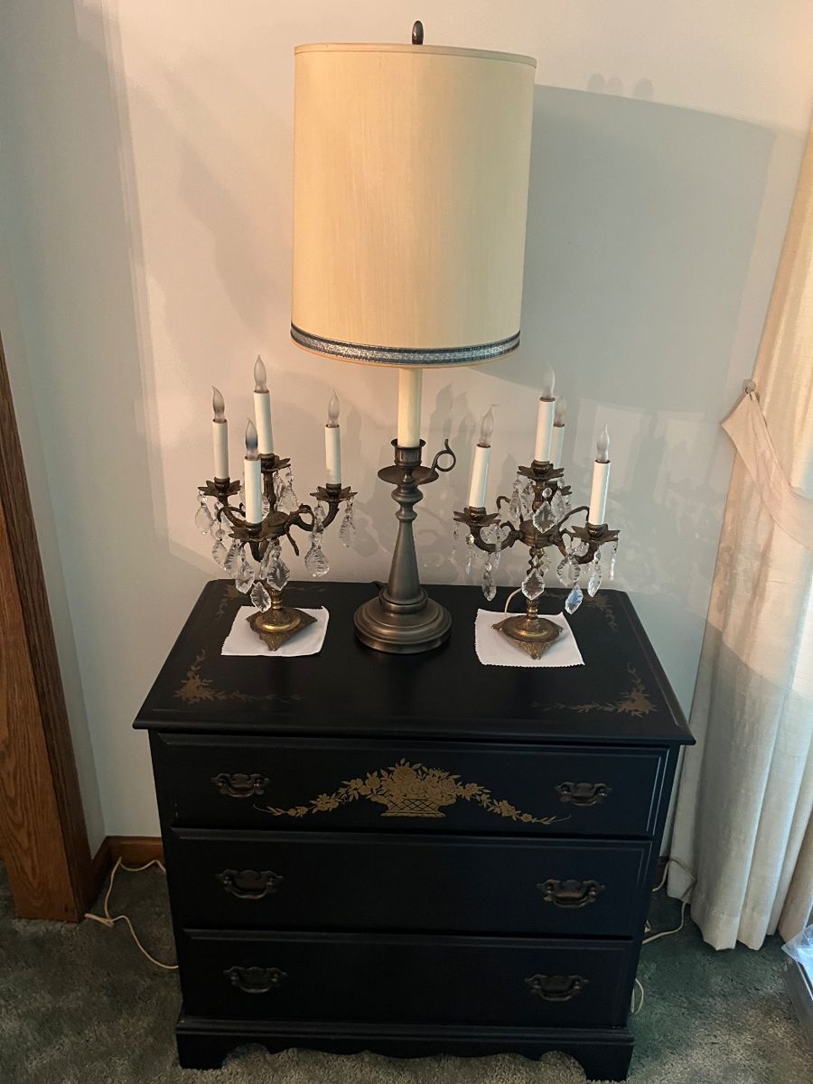 Three-drawer chest by Hungerford Furniture (Memphis, TN); matching vintage brass candelabra lamps.