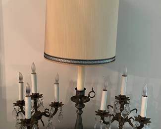 Matching vintage brass candelabra lamps; vintage brass table lamp.