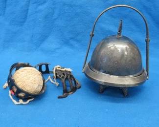 Lot 227. Silver-plated candy dish with cover and a string holder in need of repair