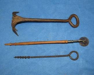 Lot 42. Cast iron garden hoe, candle snuffer, and a hand drill