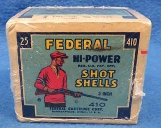 Lot 302. Vintage Federal .410 2 3/4" #6 shot. Owner wrapped box feels full. Box is in very good condition.