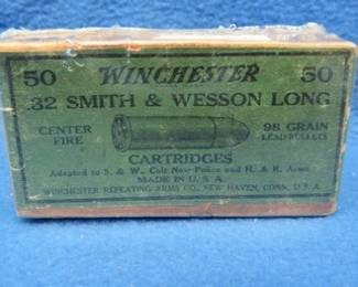 Lot 305. Vintage Winchester .32 Smith & Wesson Long. Owner wrapped box indicates there are 10 rounds. Box is in very good condition.