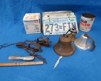 Lot 159. Vintage traps, bells, Minnesota license plates, and more
