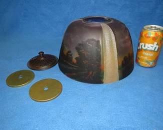 Lot 23. Three-panel reverse painted lamp shade with parts as shown