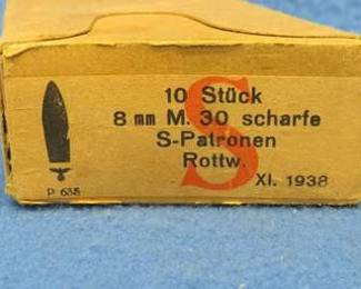 Lot 307. WW2 era German 8mm ammunition in original sleeve. Includes Waffenamt stamp.