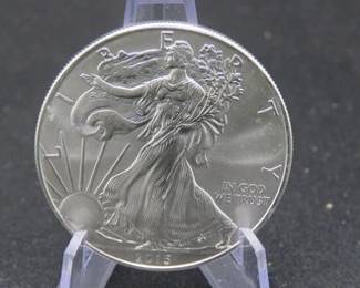 Lot 144. 2015 Silver Eagle dollar coin with one troy ounce of .999 pure silver