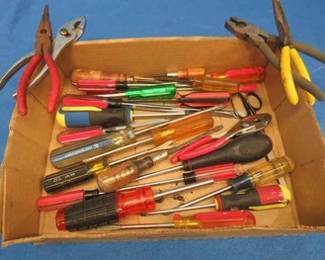 Lot 260. Screwdrivers, pliers, and a Metal Sport King tacklebox with contents