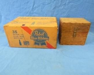 Lot 56. Vintage wooden file box, Pabst cardboard beer case, and a wooden display box for Portuguese port wine. Please see all photos.