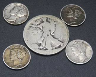 Lot 247. One no date Walking Liberty Half Dollar and four Mercury Dimes 1936 P, 1939P, 1941 P, and 1942 D