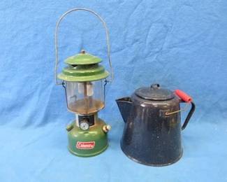 Lot 43. 1981 220K Coleman lantern and a granite ware coffee pot