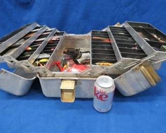 Lot 205. Vintage Umco 1000 A metal tackle box full of metal and wooden baits and more