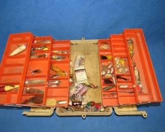 Lot 75. Tackle box with wooden baits including glass and tack eyes.