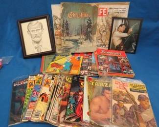 Lot 273. Large group of ephemera including comic books both old and new, Super Girl activity books, two framed prints, and more
