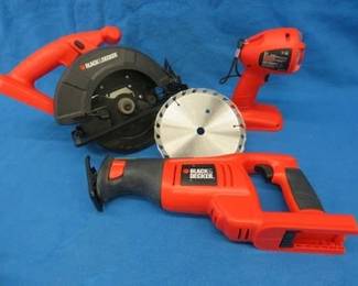 Lot 184. 18-volt Black & Decker battery-operated tool set. circular saw and blade, flashlight, reciprocating saw and case. Untested. No battery or charger.
