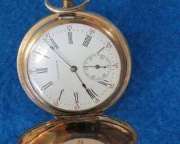 Lot 9. 1890 15 jewel Waltham pocket watch #14491894. 10 karat gold-filled Illinois Watch Co. case #1168512. Non-working.