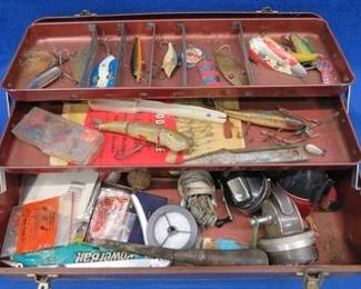 Lot 201. Vintage metal Sears tackle box and old tackle including a CCBC wooden Pikie with glass eyes, a C.C. Roberts wooden Mud Puppy, and more.