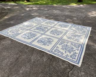 Blue & White Needlepoint Rug About 8x10 needs TLC