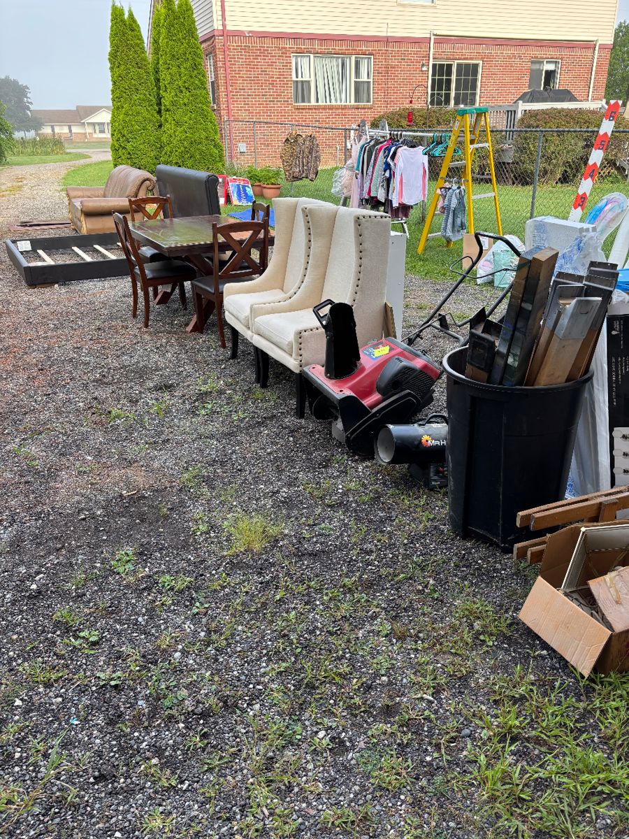 Wooden Dining Table, Fabric Chairs, Snow Blower, Saw Horses