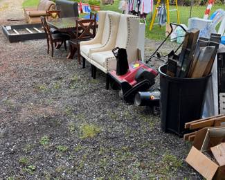 Wooden Dining Table, Fabric Chairs, Snow Blower, Saw Horses