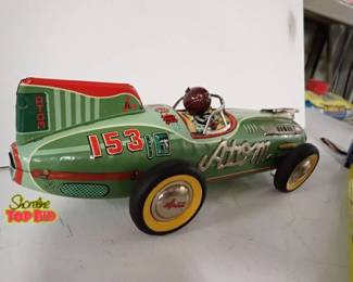 Rare Japan Tin Litho Friction Drive Worn Atom Race Car 16 inch long