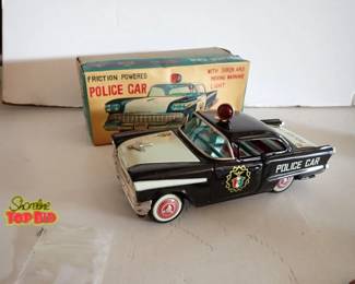 Friction Powered 1950s Tin Police Car, Mint Condition with Original Box