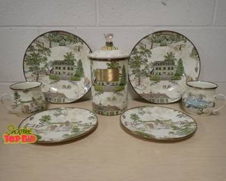 Mackenzie Childs Aurora Enamel Set, includes 2 Large Plates, 2 Small Plates, 2 Mugs and Large Canister