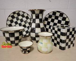 Mackenzie Childs Enamel Vase, 2 Large Plates, Flower Pot, Tissue Box Cover, Courtly Check