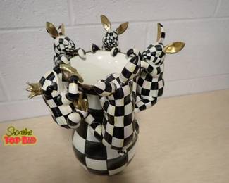 Mackenzie Childs Funny Bunny Pot Climber Courtly Check 4 Bunnies and 1 Frog, whimsical VASE NOT INCLUDED