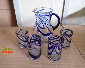 Hand Blown Mexican Glassware 5 pieces pitcher trimmed in cobalt blue with 4 swirl glasses
