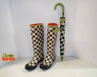 Hunter Mackenzie Childs Courtly Check Size 6 Checkered Rubber Rain Boots with Matching Umbrella