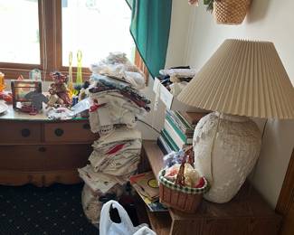 end table, lamp, albums, records 33, 78 and 45's antique oak dresser, doilies galore
