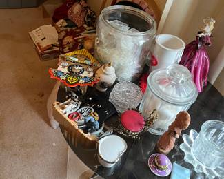 glass top table, trinkets