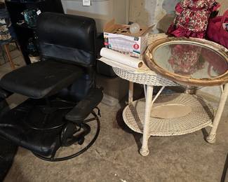 wicker table, mirror, chair and ottoman