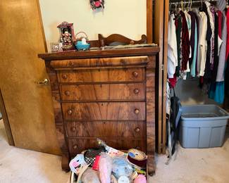 lovely antique dresser with mirror (behind door), box of craft supplies, clothes (only $1 each)
