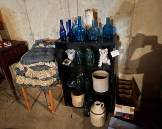 blue glass, blue canning ball jars, crocks and jug